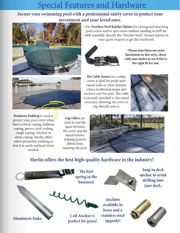 Merlin safety-cover special features and hardware brochure page